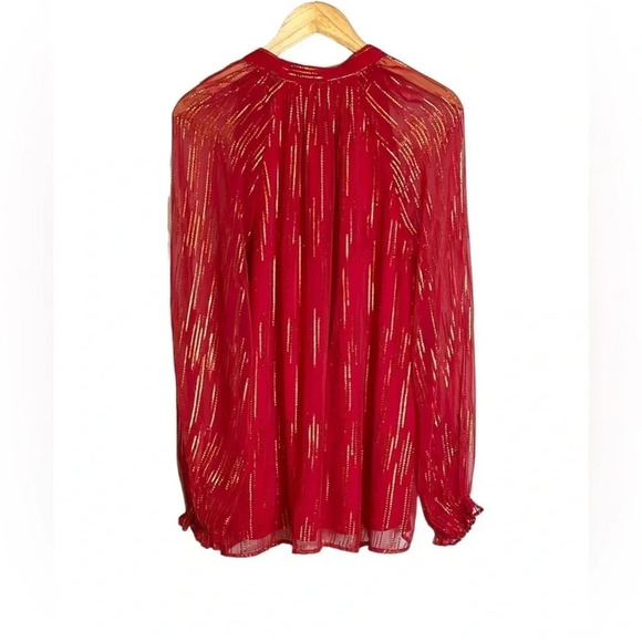 Crown & Ivy | Foil Peasant Top Long Sleeves Keyhole Tie Neck Holiday Lined - Picture 4 of 7